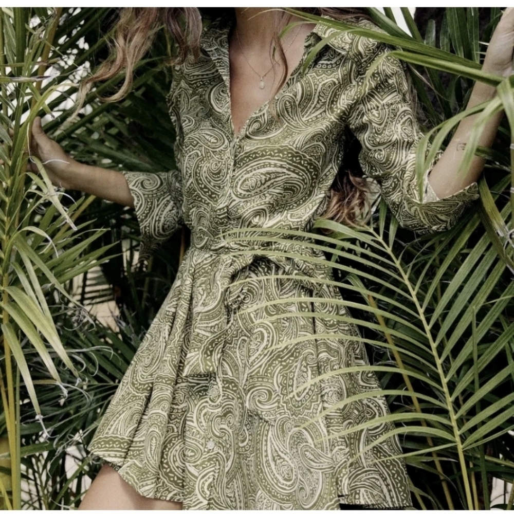 Zara Paisley Long Sleeve Tie Waist Button Front Mini Dress